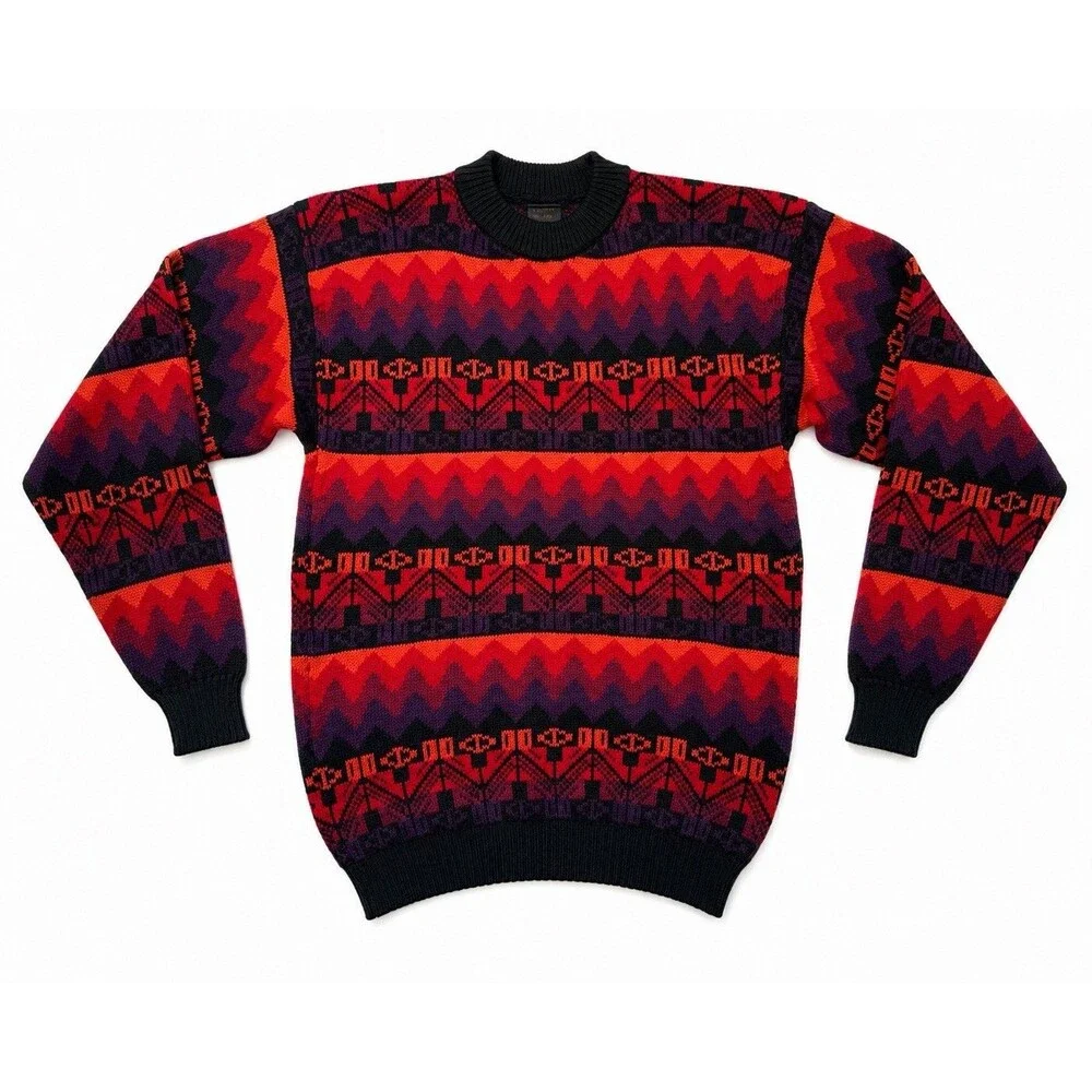 Vintage Baby Alpaca Southwestern Geometric Knit Sweater Men’s Medium Red Black